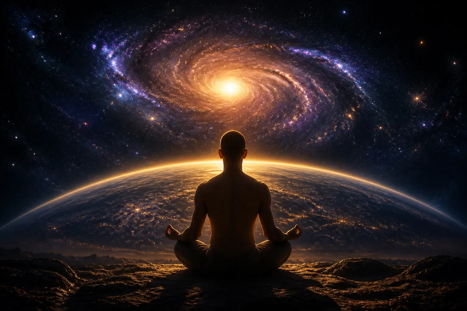 A figure in meditation before a vast inner cosmos